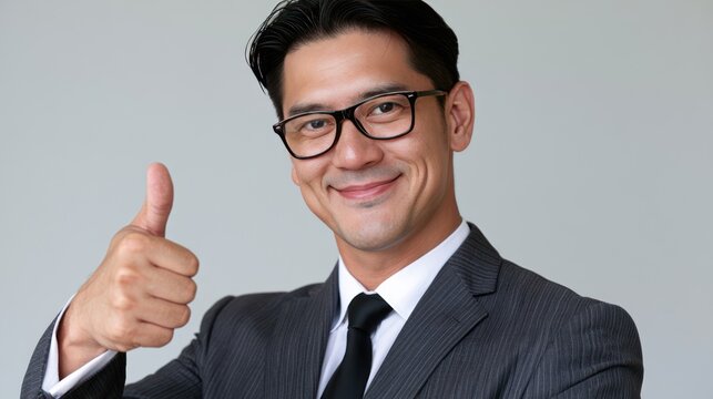A smiling businessman in a suit and tie, wearing glasses, gives a thumbs up.