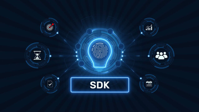 Software development kit sdk programming tools and API integration graphic loop with glowing biometric fingerprint icon on dark background asset