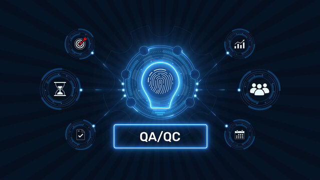 Quality assurance and quality control qa qc compliance standard graphic loop with glowing biometric fingerprint icon on dark technology background asset