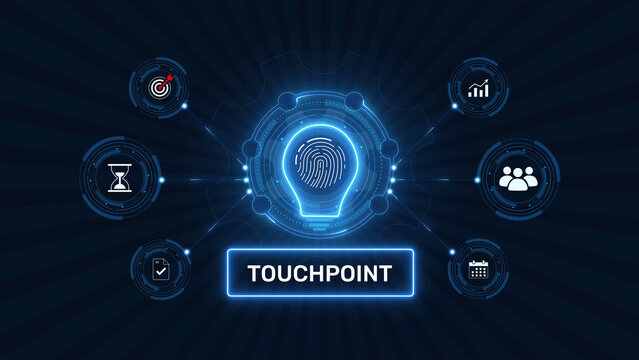 Customer touchpoint analysis and brand interaction strategy graphic loop with glowing biometric fingerprint icon on dark technology background asset