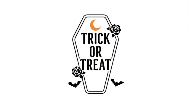 Trick or treat text inside a coffin shape adorned with gothic roses bats and an orange crescent moon for halloween celebration graphic design on white background