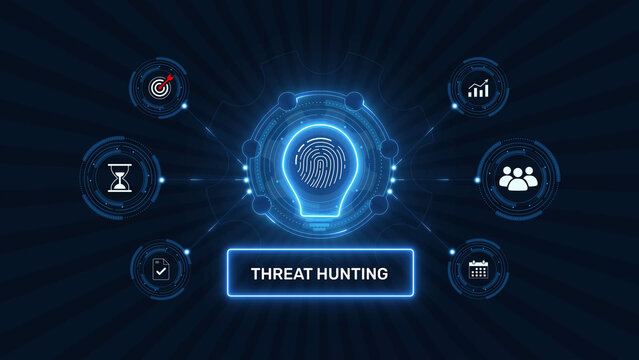 Cyber threat hunting and proactive malware detection system graphic loop with glowing biometric fingerprint icon on dark technology background asset