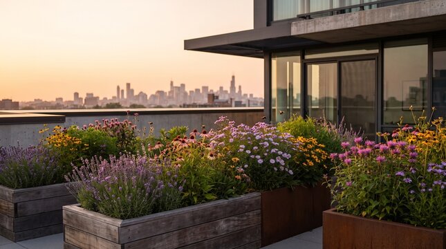 Urban rooftop pollinator garden promoting biodiversity and sustainable city living