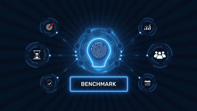 Business performance benchmark and competitive analysis standard graphic loop with glowing biometric fingerprint icon on dark technology background