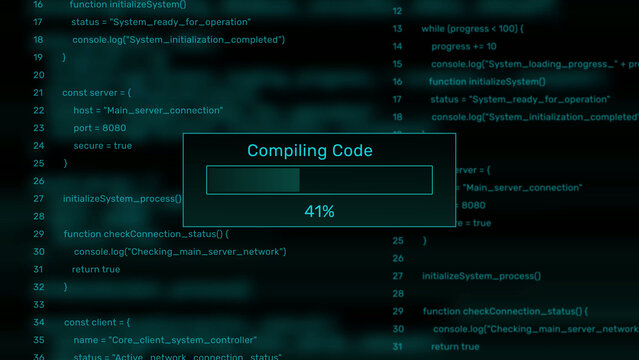 Compiling code progress bar at 0-100% on digital code background programming computer. Motion graphics of programming loading bar