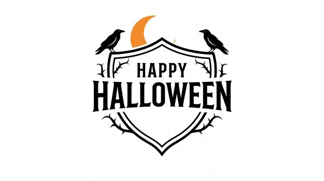 Happy Halloween emblem featuring two dark ravens perched upon a decorative shield with a crescent moon symbol for festive seasonal spooky holiday graphics on white background
