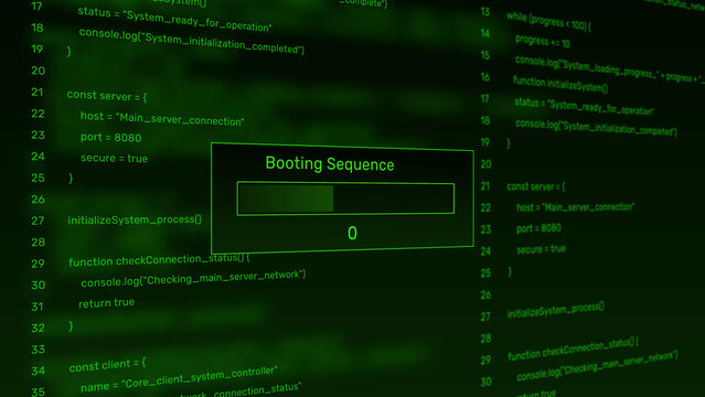 Booting sequence system startup progress bar animation loop with percentage loading box on dark programming code background asset
