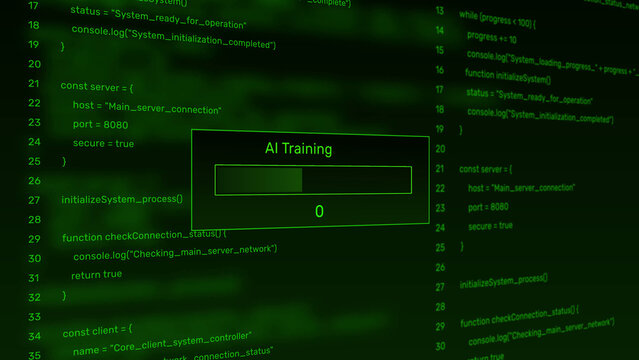AI training machine learning model optimization progress bar animation loop with percentage loading box on dark code background asset