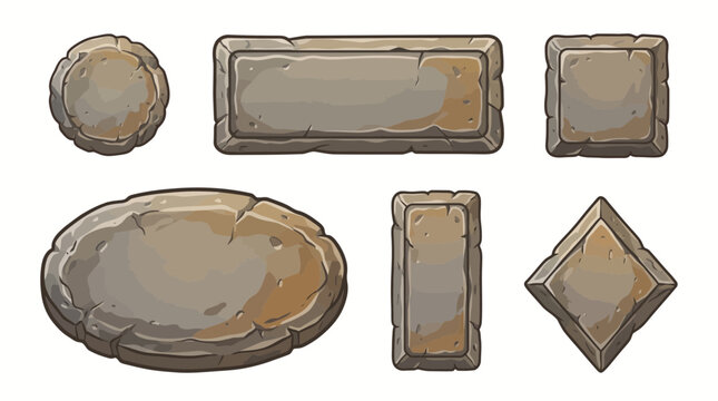 Set of cartoon stone game UI buttons and frames.