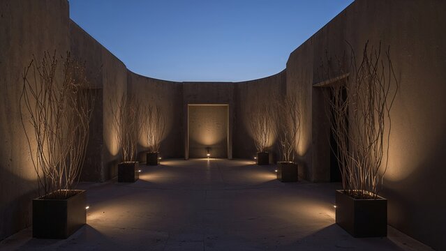Courtyard with tall dry branches and uplighting at dusk