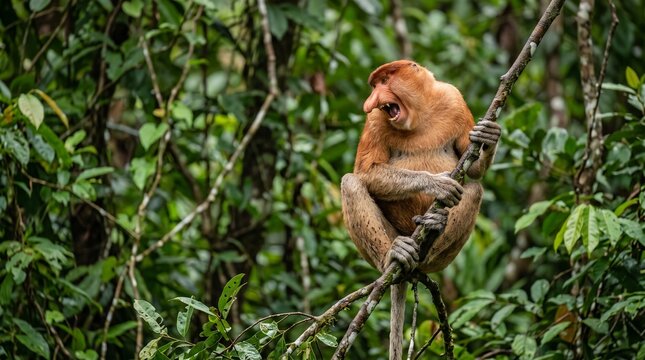 Proboscis monkey perched on tree branch in lush rainforest