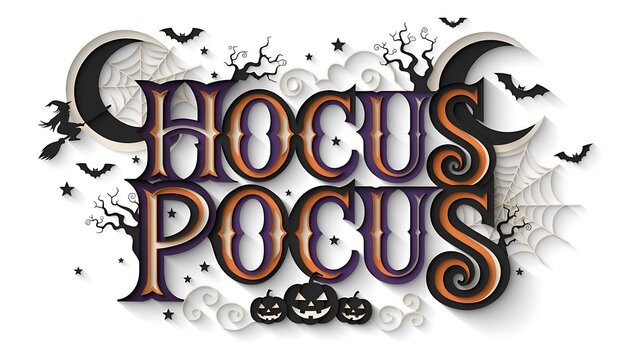 Hocus Pocus Halloween Gothic Typography with Moon, Bats and Spooky Symbols
