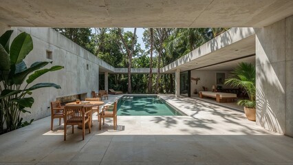Fototapeta premium Modern courtyard with pool, tropical plants, and outdoor seating