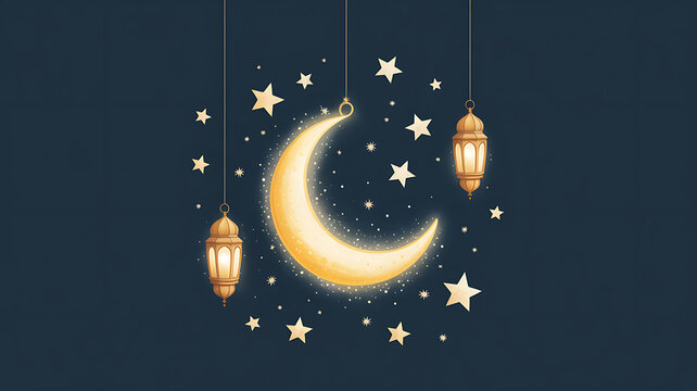 Ramadan kareem background featuring glowing crescent moon stars and traditional hanging lanterns