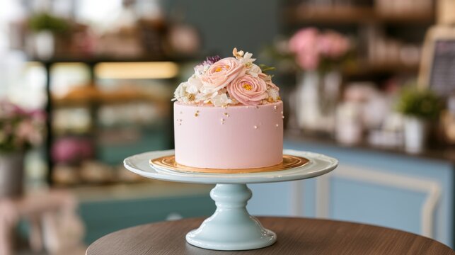 Elegant pink cake adorned with fresh flowers on a decorative stand in a charming bakery setting with soft colors and warm ambiance