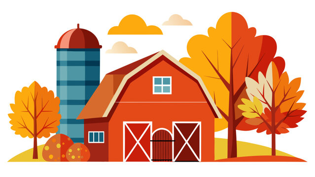 Red farm barn silo fall foliage harvest season rural landscape vector illustration with landscape illustration countryside agriculture building sunshine traditional structure architecture
