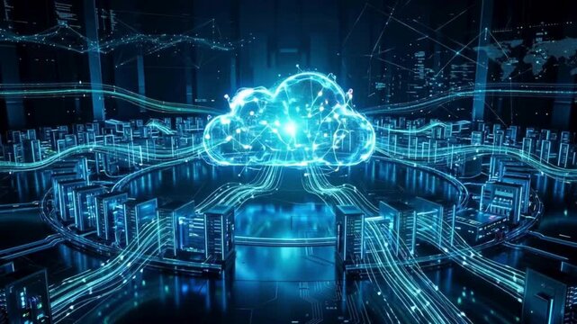 Cloud computing technology hovering over futuristic data center
