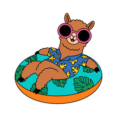 Naklejka premium Charming brown llama wearing stylish pink sunglasses and a vibrant blue tropical patterned shirt while relaxing comfortably on a colorful inflatable pool ring during a bright sunny summer vacation 