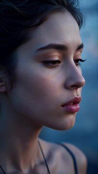 A close-up cinematic shot of a beautiful young woman, as depicted in the referenced image with freckles and brown eyes, looking out into the distance during golden hour