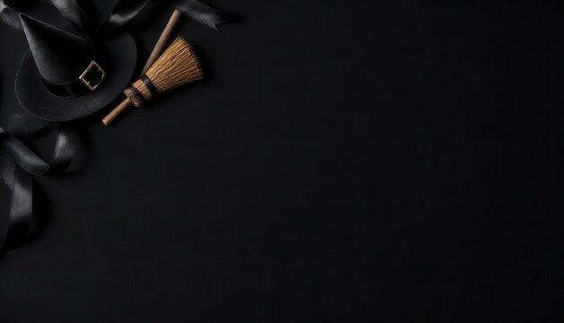 Black witch hat and mini broomstick on dark background halloween flat lay with halloween broomstick background celebration mysterious accessory tradition minimalist decoration seasonal