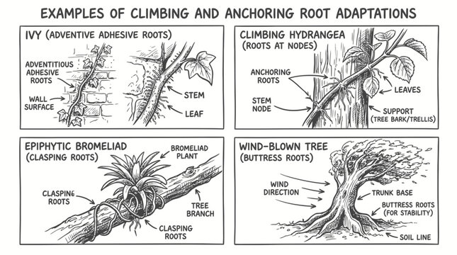 Educational Illustration of Plant Root Adaptations for Climbing and Anchoring.