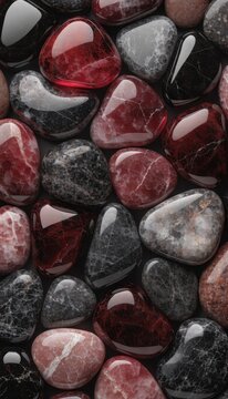 Polished red and black gemstone collection with glossy marble texture for jewelry design