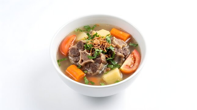 Sop Buntut Indonesian Oxtail Soup with Carrots Potatoes and Tomatoes in Bowl