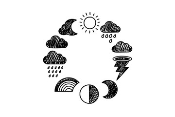 Fototapeta premium Weather forecast symbols and meteorological icons arranged in a hand drawn circular frame