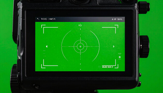 Close-up of a digital camera viewfinder displaying a green screen with a crosshair targeting reticle and camera settings overlay