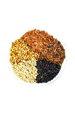 Assorted Organic Rice Varieties - Brown Black Red White Grains Healthy Food Staple Studio Shot