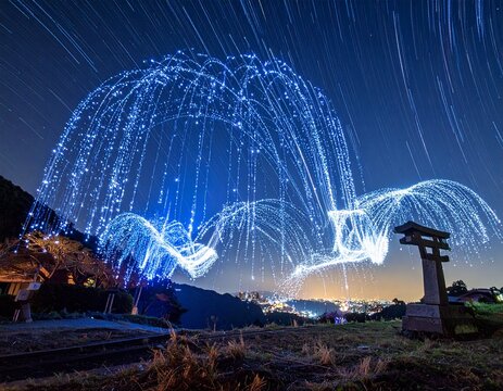神秘的で未来感あふれる和風夜景イラスト背景素材。星空と神社の鳥居を包み込む幻想的な青い光のアーチと軌跡  Futuristic blue light arcs and trails covering traditional Japanese shrine torii gate under starry night sky, magical landscape background