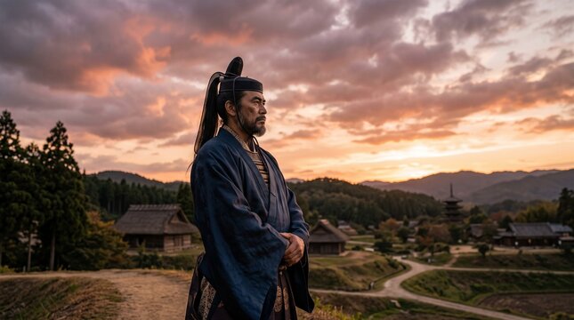 夕暮れの飛鳥の里に佇む飛鳥時代の貴族（中臣鎌足イメージ）
大化の改新を想起させる飛鳥時代の衣装を着た男性の横顔
歴史ドラマのワンシーンのような夕焼けの風景と飛鳥時代の武将・豪族
夕空を背に佇む和服の男性と日本の原風景