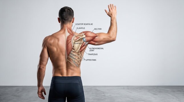 Anatomical Illustration of Human Musculature on Male Torso Exhibiting Shoulder Muscles and Skeleton Structure with Labeled Parts for Educational Purposes