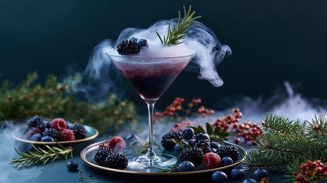 Spooky Halloween craft cocktail blackberry martini with bubbling dry ice smoke and fresh berries.