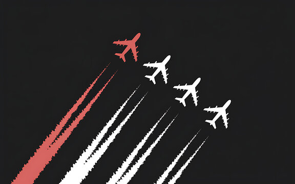 Leadership concept featuring a single red jet leading white airplanes with contrails on dark