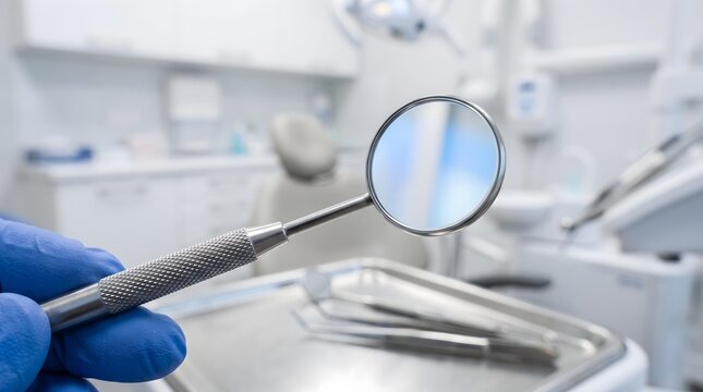 Dental Mirror and Professional Instruments in Modern Dentist Office