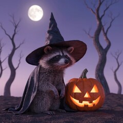 Fototapeta premium Cute Raccoon in Witch Hat with Jack-o'-Lantern Under Moonlight in Spooky Forest Scene
