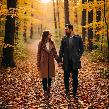 Romantic Couple Walking in Autumn Forest Path