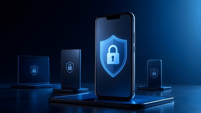 Network of digital devices displaying glowing blue cybersecurity shields and padlocks representing encrypted mobile communication and endpoint data protection.