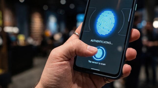 Close up of hand using biometric fingerprint scanner on smartphone screen for secure login, mobile security authentication, user verifying identity with touch sensor to access