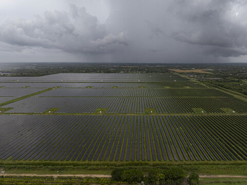 Aerial view of a large solar farm with rows of solar panels set against a dramatic stormy sky in Miami, Florida, United States.