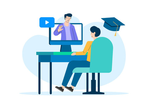 A student engaged in e-learning at home, watching an online lecture or virtual tutoring session on a desktop computer. Course illustrations. Flat vector concepts.
