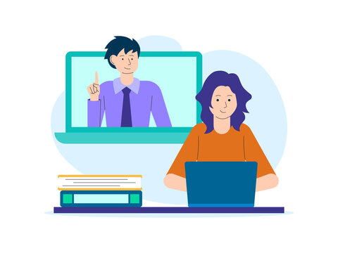 A distance learning course or online tutoring program where students attend interactive virtual classes from home. Course illustrations. Flat vector concepts.
