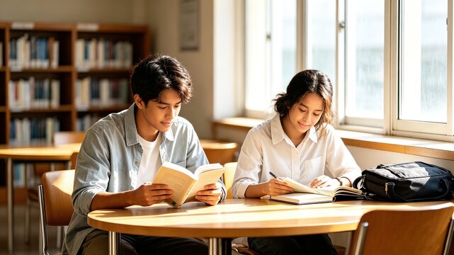 Two young asian college students study together,Ideal for university banners, education articles, learning web graphics and student‑life social media posts.