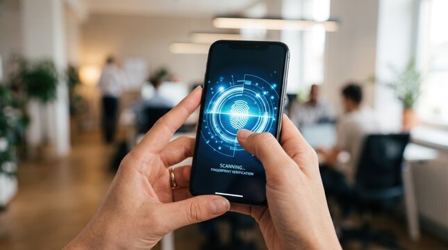 Close up of hands holding smartphone with fingerprint verification scanning interface on screen, biometric security authentication in modern office background.