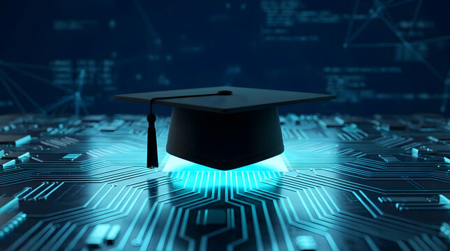 Digital Education Concept Graduation Cap Resting on Glowing Abstract Circuit Board Background
