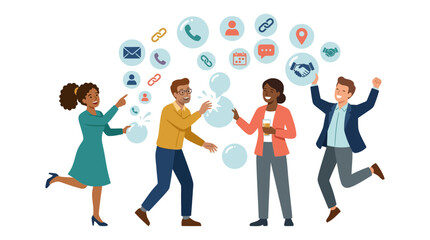 Obraz premium Diverse multicultural business team popping bubbles with communication icons celebrating networking success flat vector element.