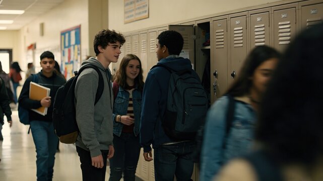 Group of multi‑ethnic teenage high‑school students chatting in busy school hallway with lockers,suitable for education banners, youth articles, school website and social media design.