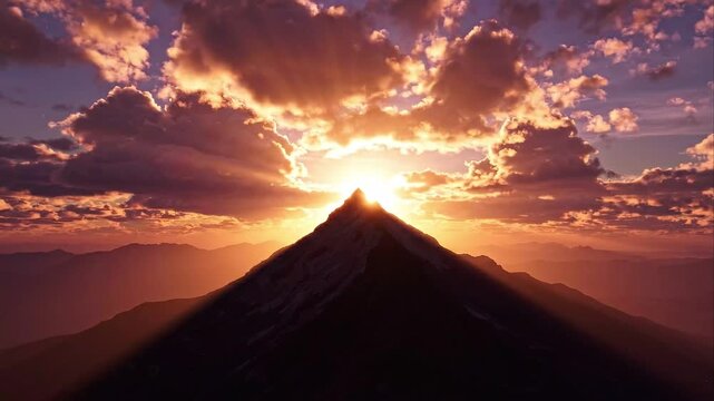 Sun Shining Over Mountain Peak with Glowing Clouds and Lens Flare