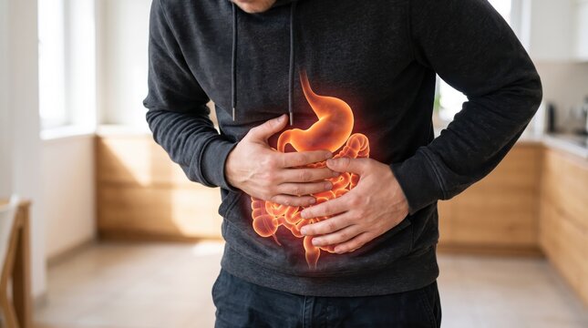 Man clutching abdomen with glowing orange stomach and intestine illustration overlay, experiencing severe gastric pain, acid reflux, or ulcer symptoms, visualizing internal